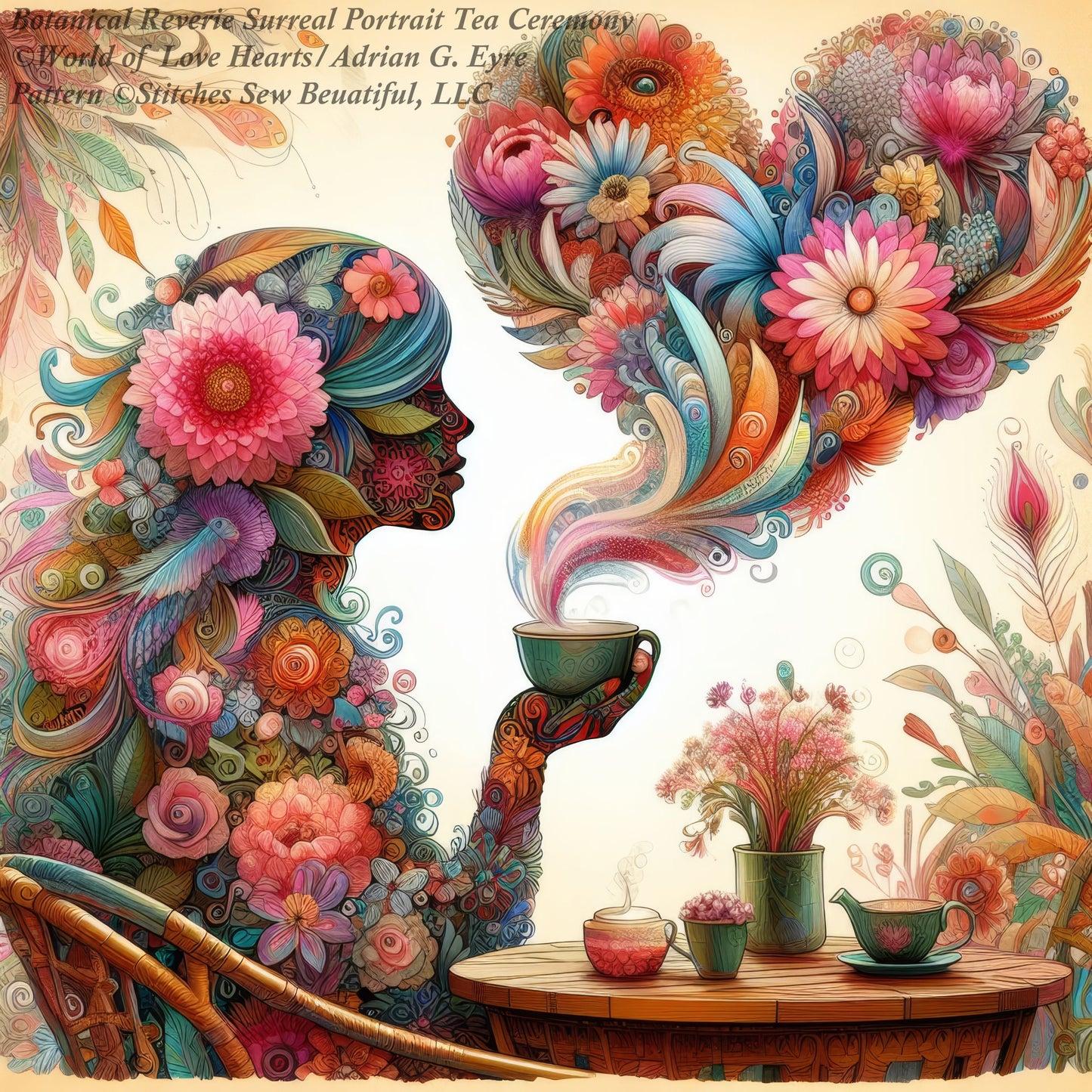Botanical Reverie Surreal Portrait Tea Ceremony cross stitch pattern by World of Love Hearts/Adrian G. Eyre