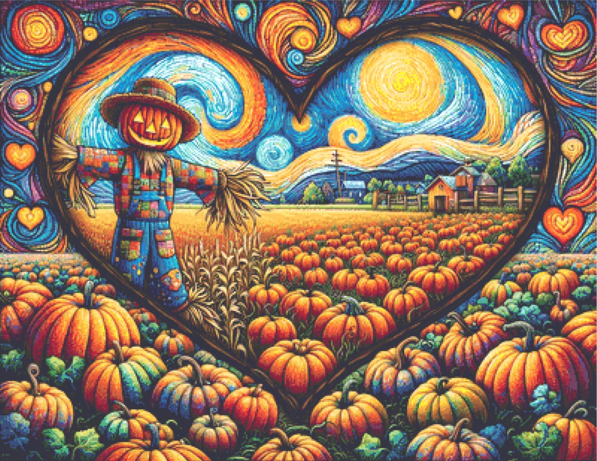 Patchwork Scarecrow in a Vibrant Night Sky cross stitch pattern by World of Love Hearts/Adrian G. Eyre