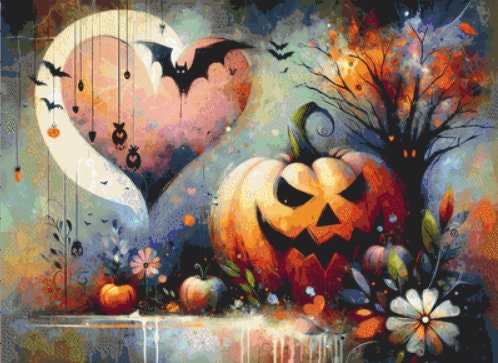 Enchanted Jack-O-Lantern in Watercolors cross stitch pattern by World of Love Hearts/Adrian G. Eyre