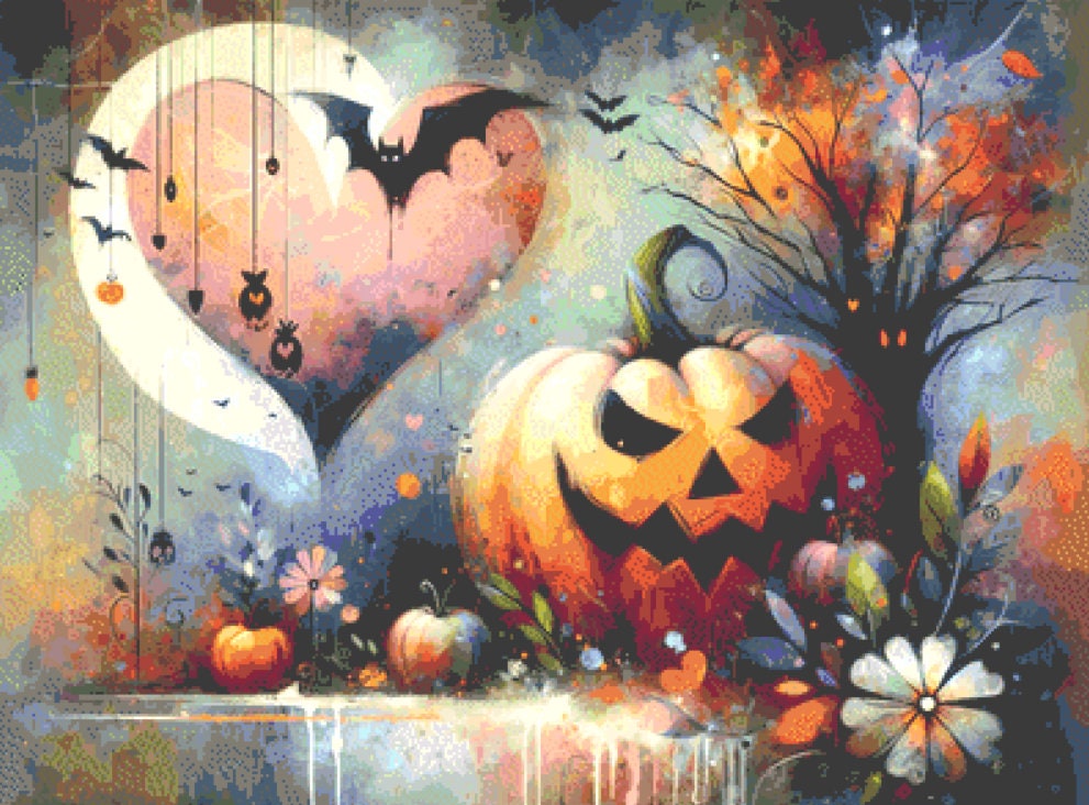 Enchanted Jack-O-Lantern in Watercolors cross stitch pattern by World of Love Hearts/Adrian G. Eyre