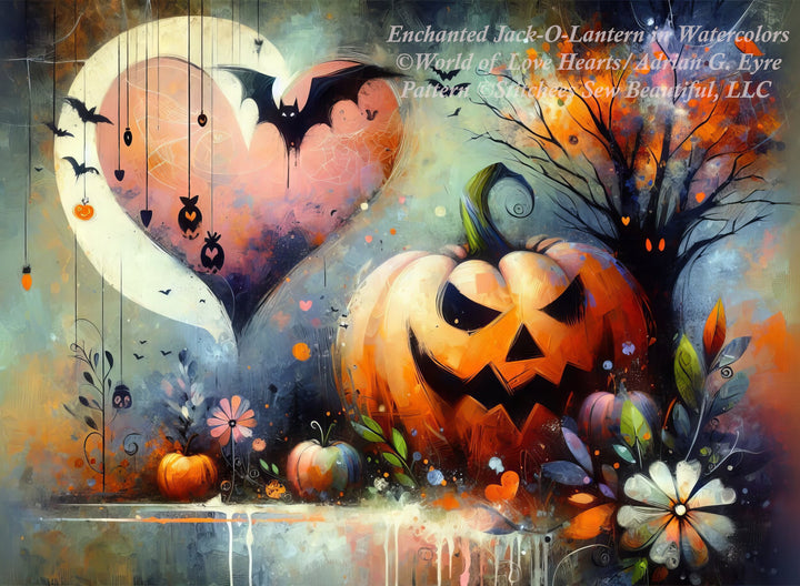 Enchanted Jack-O-Lantern in Watercolors cross stitch pattern by World of Love Hearts/Adrian G. Eyre