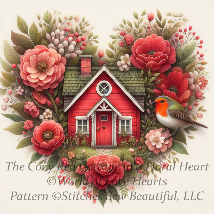 The Cozy Red Cottage in a Floral Heart cross stitch pattern by World of Love Hearts/Adrian G. Eyre