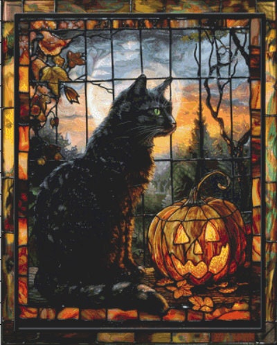 Stained Glass Halloween Cat cross stitch pattern by IvyCottageHome