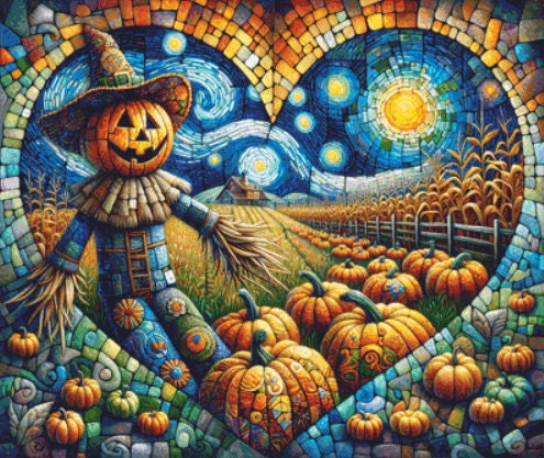 Patchwork Scarecrow-Van Gogh Sky cross stitch pattern by World of Love Hearts/Adrian G. Eyre