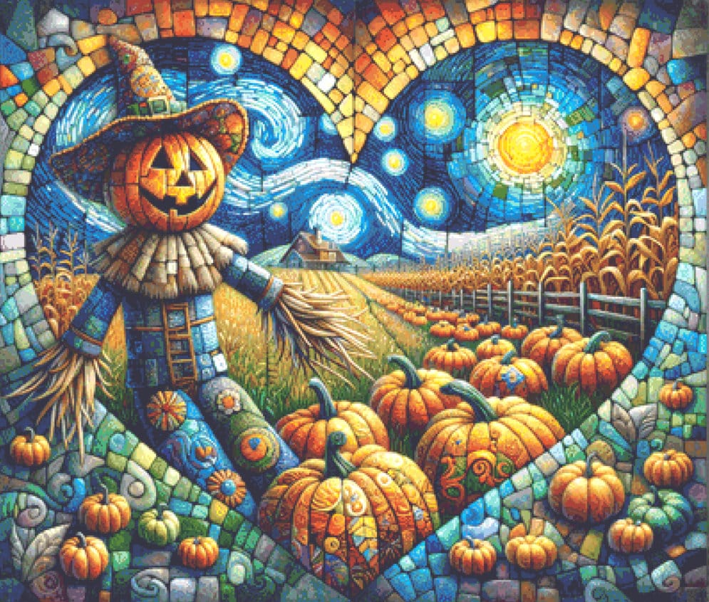 Patchwork Scarecrow-Van Gogh Sky cross stitch pattern by World of Love Hearts/Adrian G. Eyre