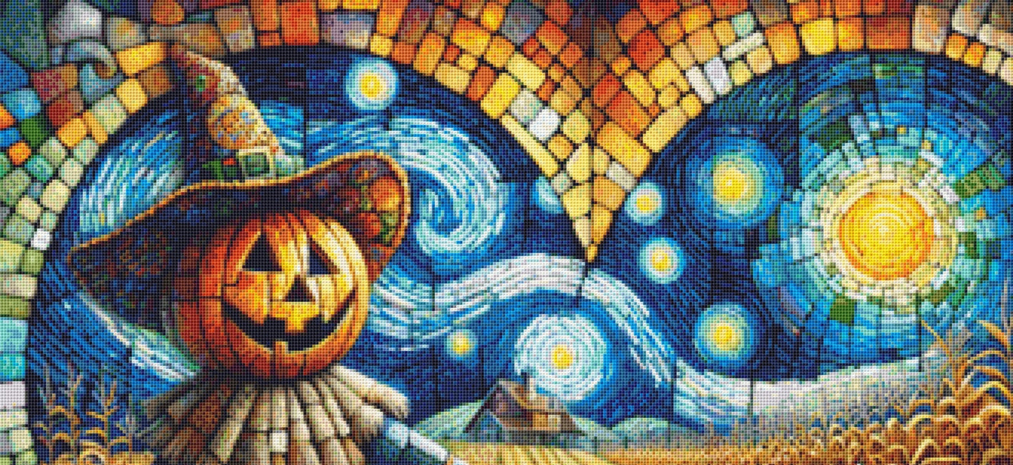 Patchwork Scarecrow-Van Gogh Sky cross stitch pattern by World of Love Hearts/Adrian G. Eyre
