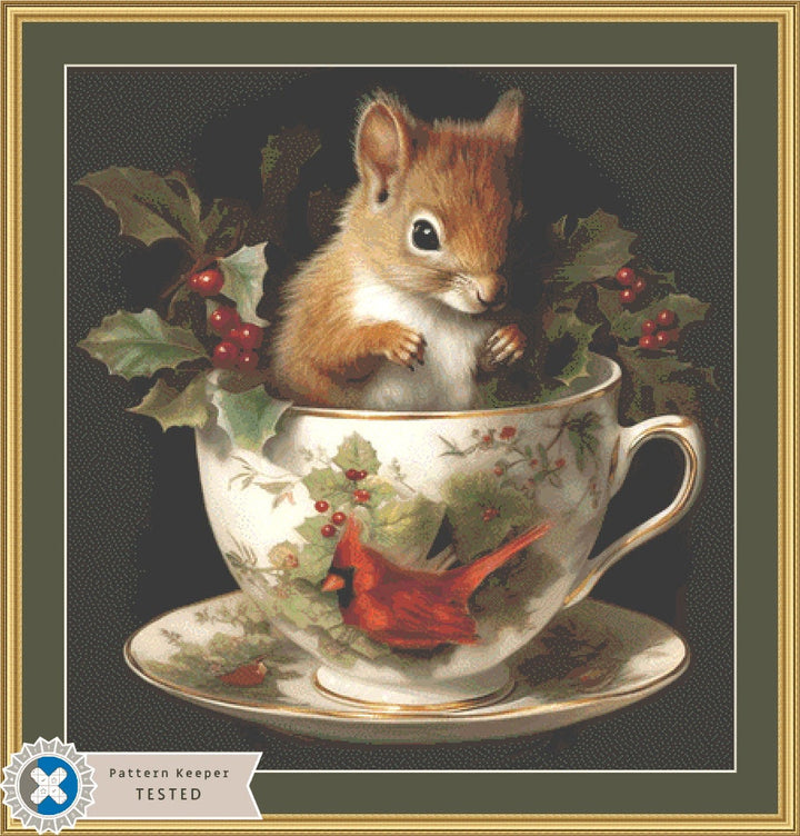 Teacup Squirrel Christmas cross stitch pattern by Tammy L. Gross