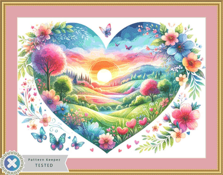 A Love Filled Landscape of Blossoms and Butterflies at Sunrise (Max Color) cross stitch pattern by World of Love Hearts