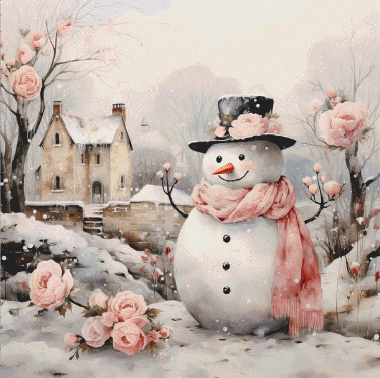 Snowman with Pink Roses (Max Size) cross stitch pattern by Liededrom