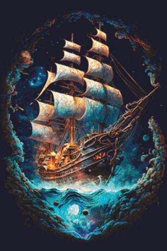 Cosmic Pirate Ship (Max Color) cross stitch pattern by DigitalArtClubAU
