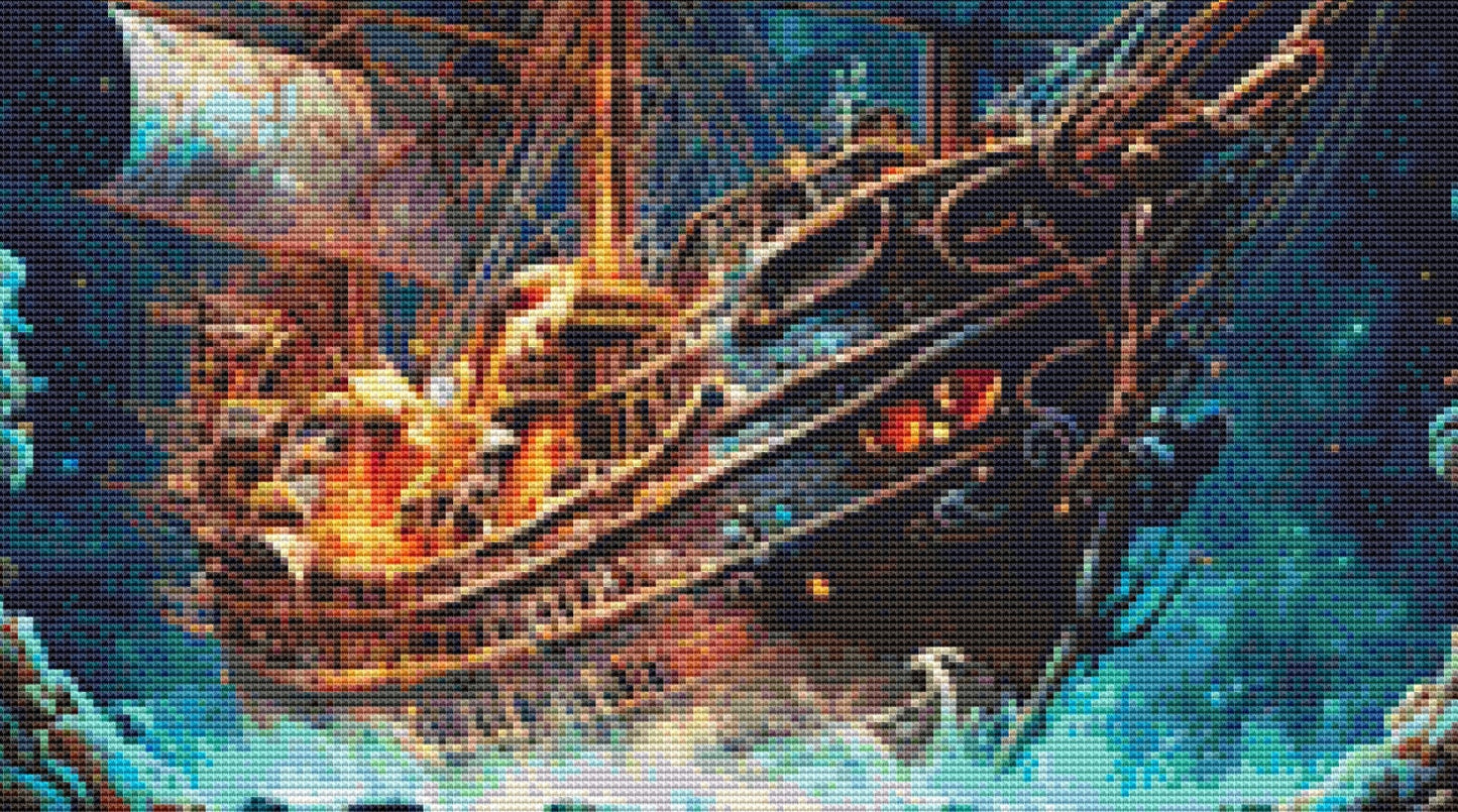Cosmic Pirate Ship (Max Color) cross stitch pattern by DigitalArtClubAU