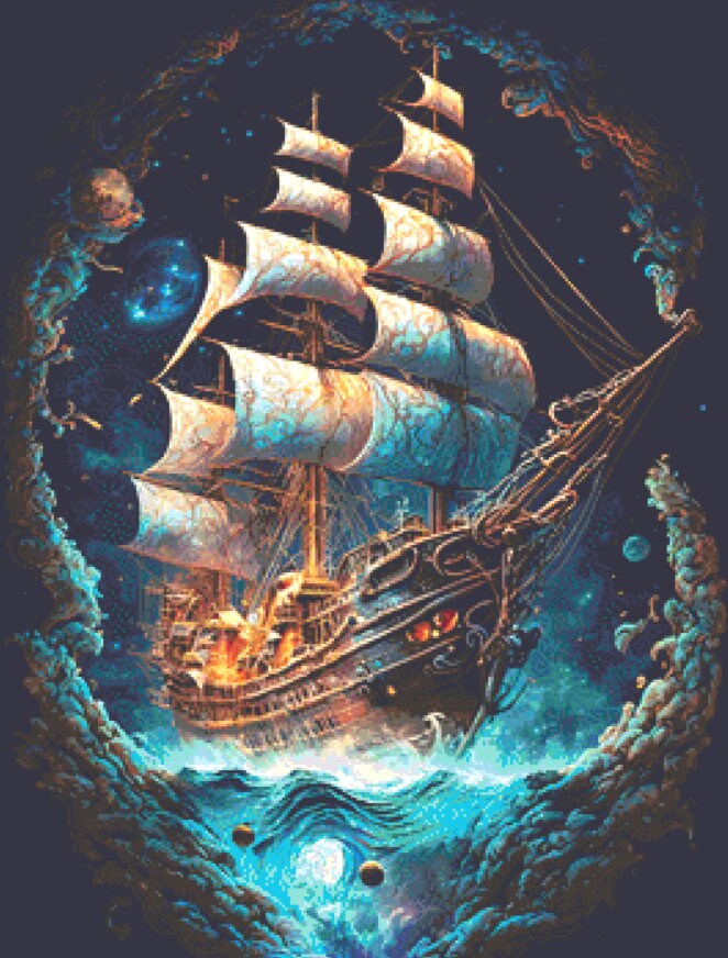 Cosmic Pirate Ship (Max Color) cross stitch pattern by DigitalArtClubAU