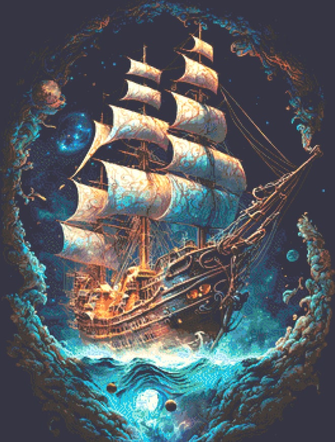 Cosmic Pirate Ship cross stitch pattern by DigitalArtClubAU