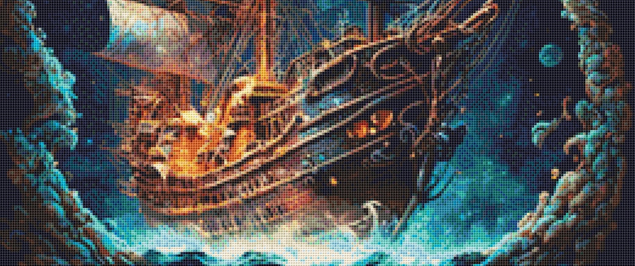 Cosmic Pirate Ship cross stitch pattern by DigitalArtClubAU