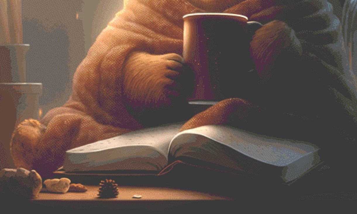 Comfy Bear with Coffe and Book (Max Size) cross stitch pattern by Serr.Kai A Quill & Ink