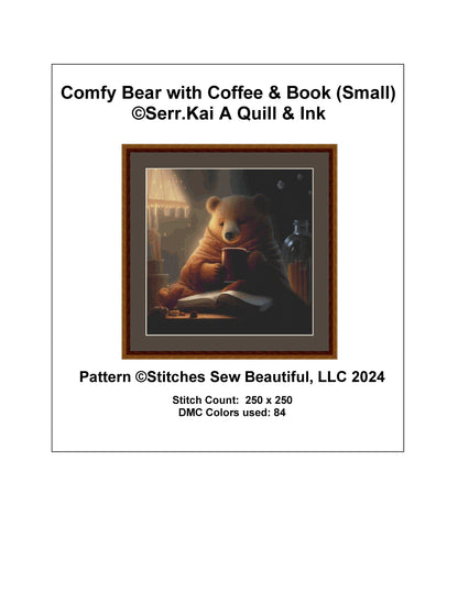 Comfy Bear with Coffee and Book (Small) cross stitch pattern by Serr.Kai A Quill & Ink