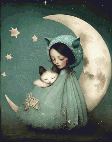 Girl Cat Moon cross stitch pattern by Tammy L. Gross