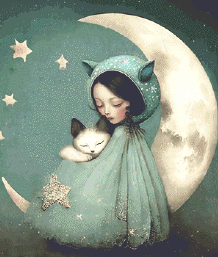 Girl Cat Moon cross stitch pattern by Tammy L. Gross