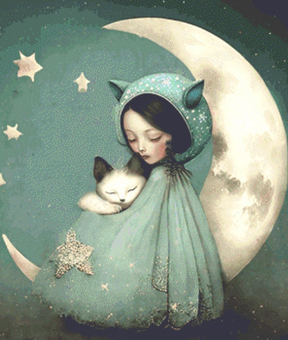 Girl Cat Moon cross stitch pattern by Tammy L. Gross