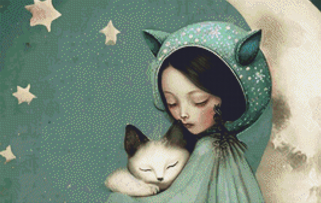Girl Cat Moon cross stitch pattern by Tammy L. Gross