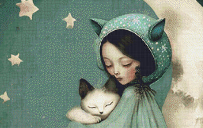 Girl Cat Moon cross stitch pattern by Tammy L. Gross