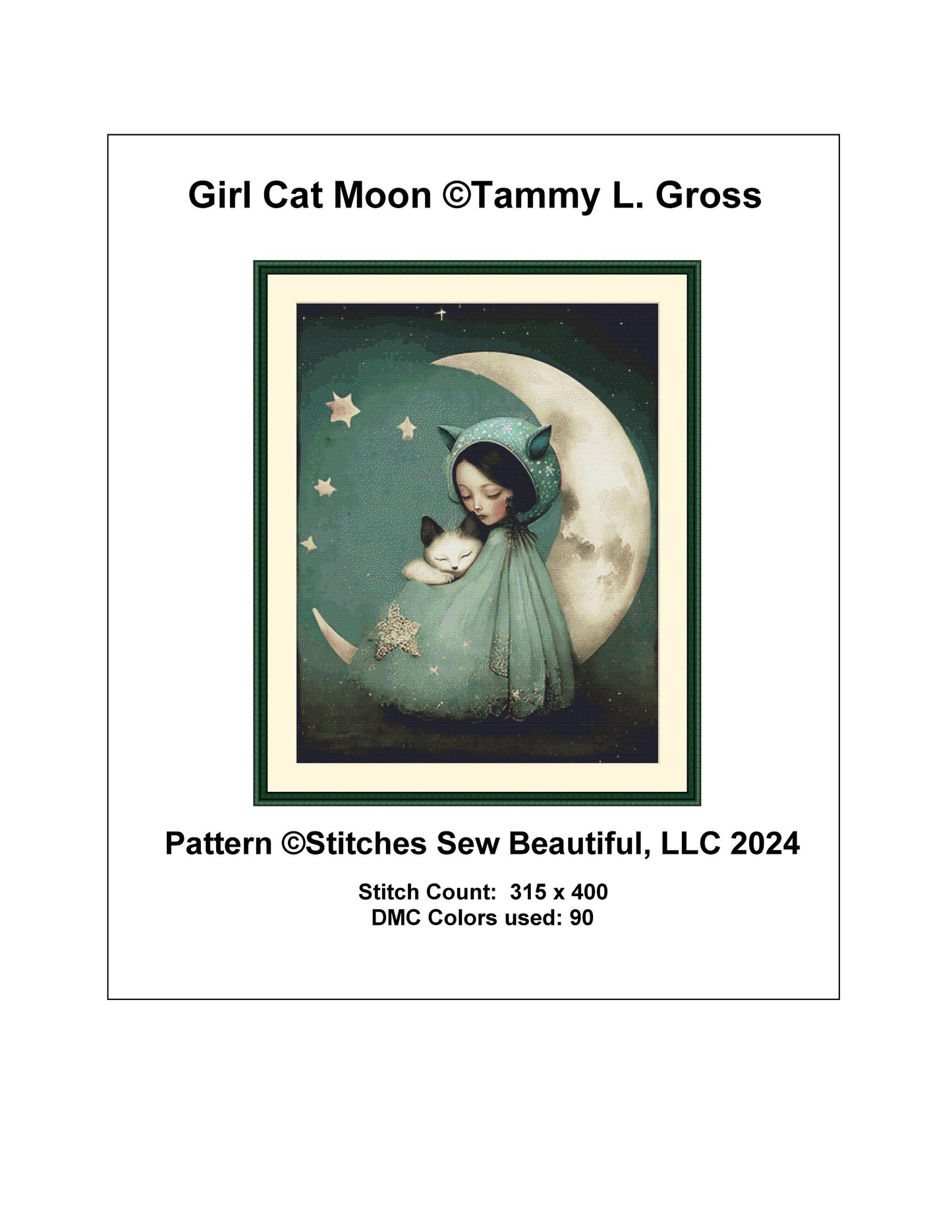 Girl Cat Moon cross stitch pattern by Tammy L. Gross