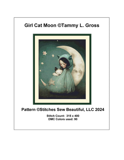 Girl Cat Moon cross stitch pattern by Tammy L. Gross