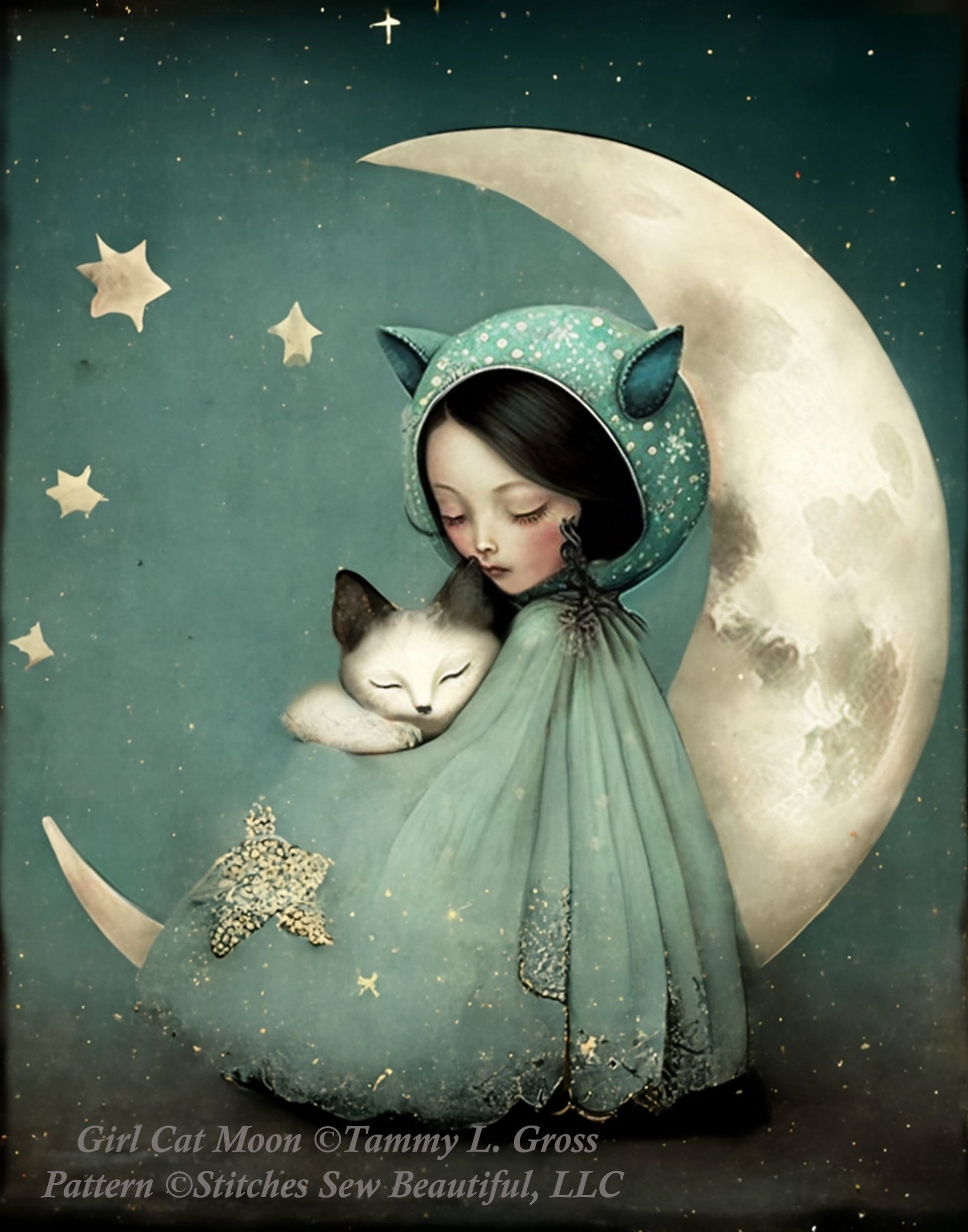 Girl Cat Moon cross stitch pattern by Tammy L. Gross