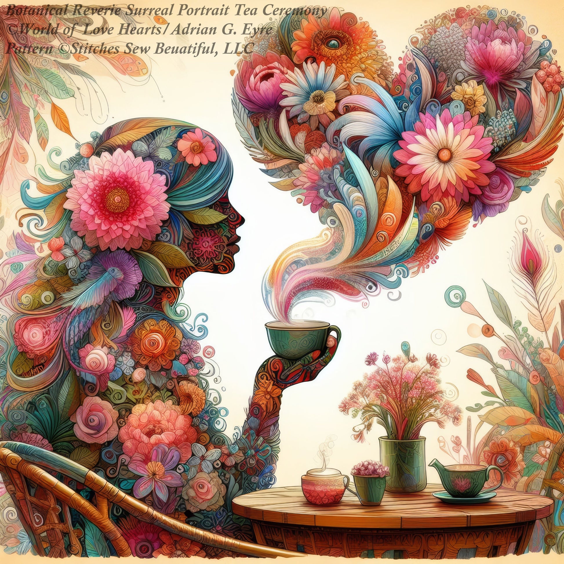 Botanical Reverie Surreal Portrait Tea Ceremony (Max Color) cross stitch pattern by World of Love Hearts/Adrian G. Eyre