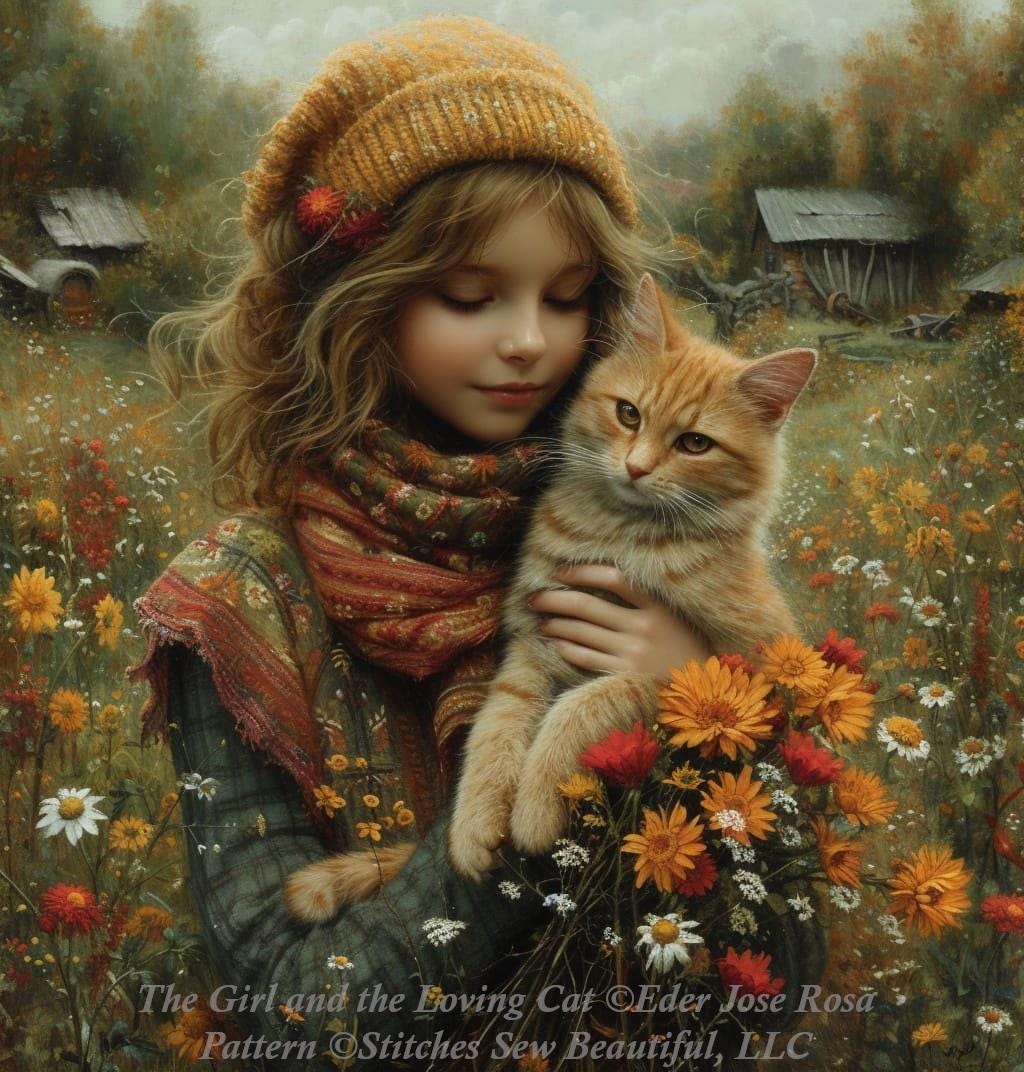 The Girl and the Loving Cat counted cross stitch pattern by Eder Jose Rosa