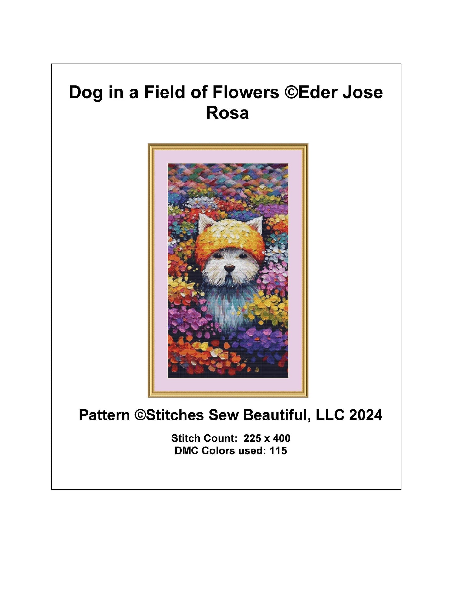 Dog in a Field of Flowers counted cross stitch pattern by Eder Jose Rosa