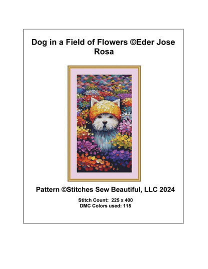 Dog in a Field of Flowers counted cross stitch pattern by Eder Jose Rosa