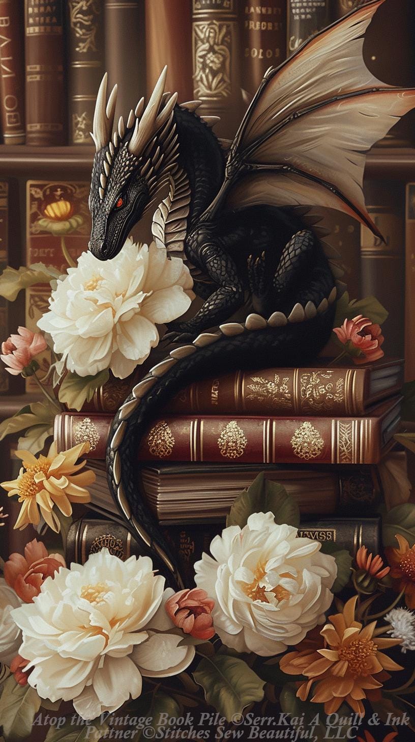 Atop the Vintage Book Pile counted cross stitch pattern by Serr.Kai A Quill & Ink