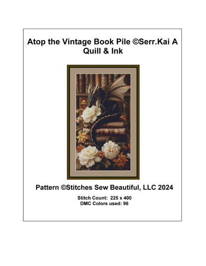 Atop the Vintage Book Pile counted cross stitch pattern by Serr.Kai A Quill & Ink