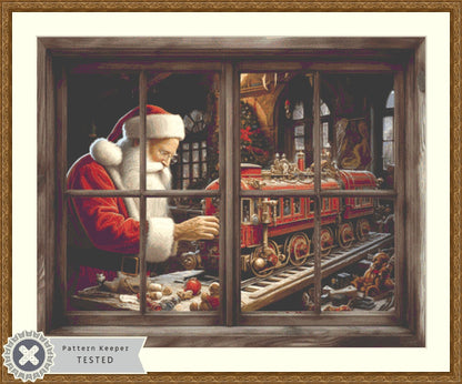 Santa in the Window with Train cross stitch pattern by IvyCottageHome