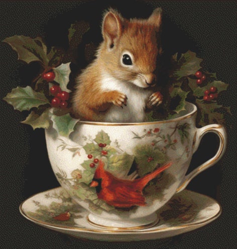 Teacup Squirrel Christmas cross stitch pattern by Tammy L. Gross