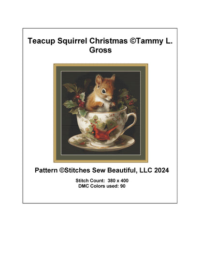 Teacup Squirrel Christmas cross stitch pattern by Tammy L. Gross