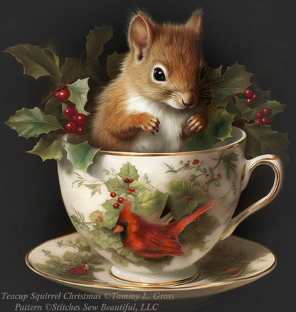 Teacup Squirrel Christmas cross stitch pattern by Tammy L. Gross