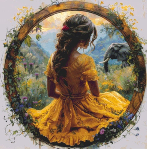 Serene Woman with Elephant (Max Color) cross stitch pattern by Eder Jose Rosa