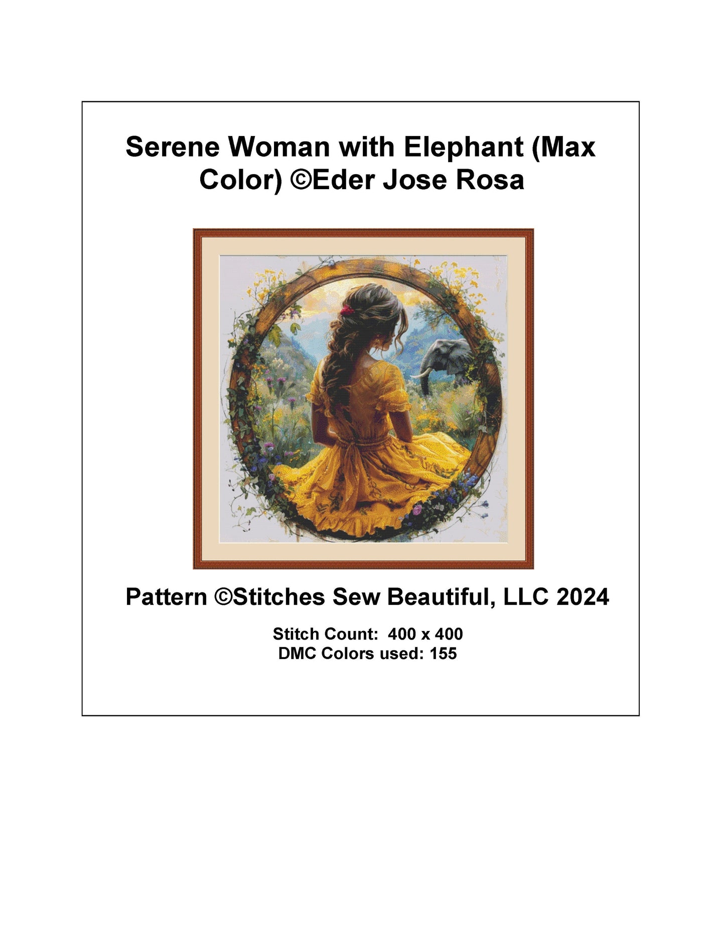 Serene Woman with Elephant (Max Color) cross stitch pattern by Eder Jose Rosa