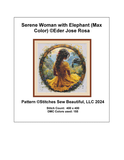 Serene Woman with Elephant (Max Color) cross stitch pattern by Eder Jose Rosa
