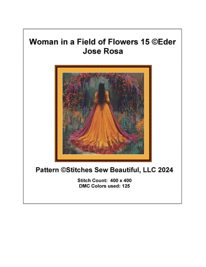 Woman in a Field of Flowers 15 counted cross stitch pattern by Eder Jose Rosa