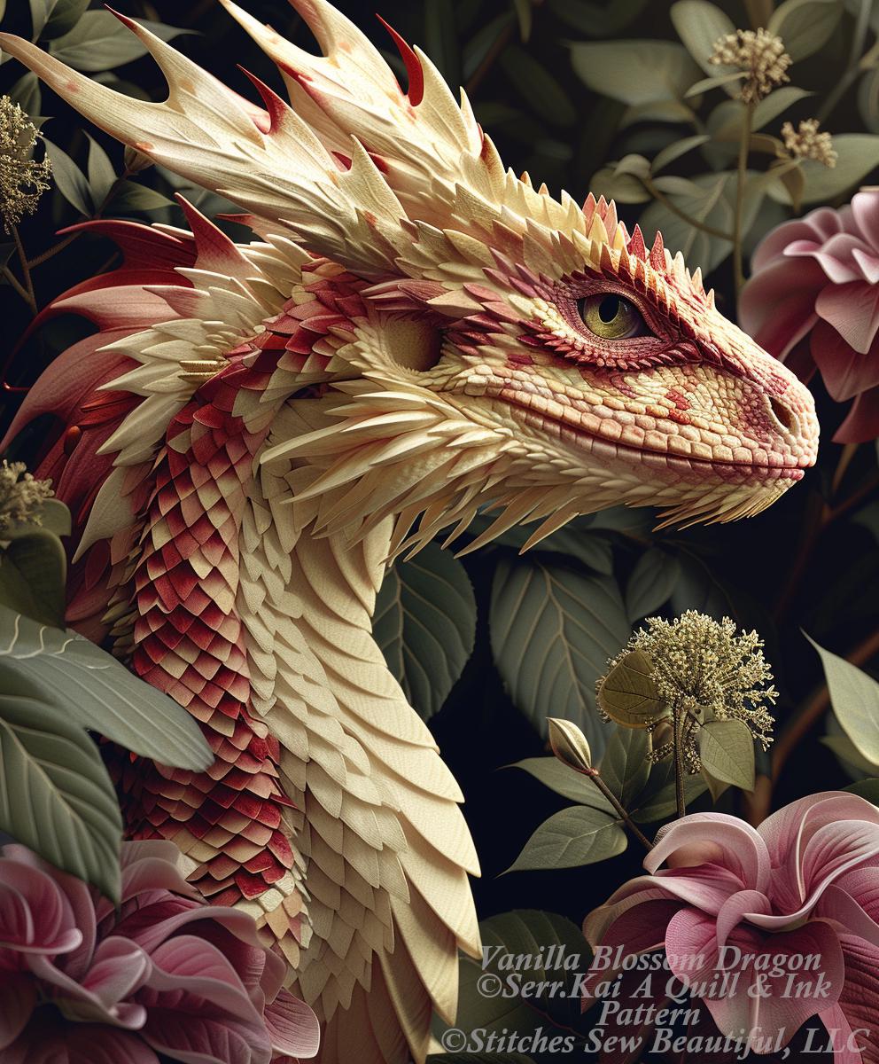 Vanilla Blossom Dragon (Max Color) counted cross stitch pattern by Serr.Kai A Quill & Ink