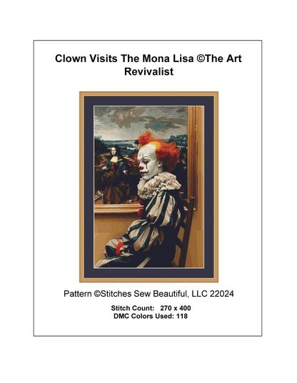 Clown Visits The Mona Lisa counted cross stitch pattern by The Art Revivalist