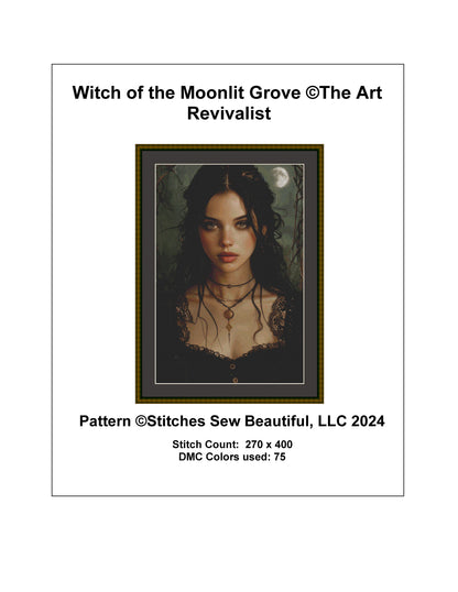 Witch of the Moonlit Grove counted cross stitch pattern by The Art Revivalist