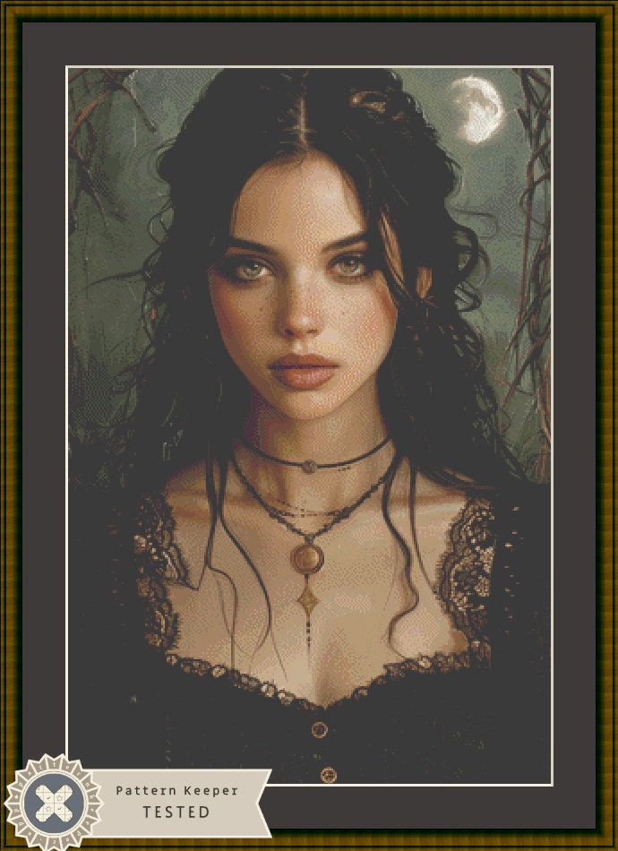 Witch of the Moonlit Grove counted cross stitch pattern by The Art Revivalist