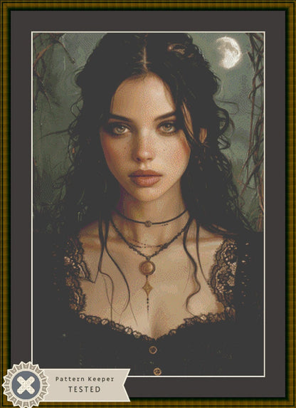 Witch of the Moonlit Grove counted cross stitch pattern by The Art Revivalist
