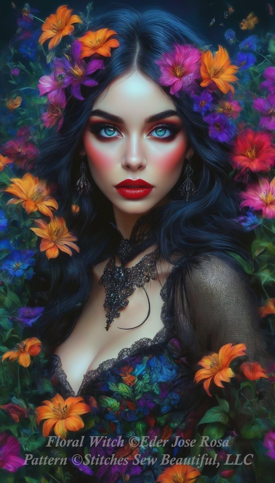 Floral Witch counted cross stitch pattern by Eder Jose Rosa