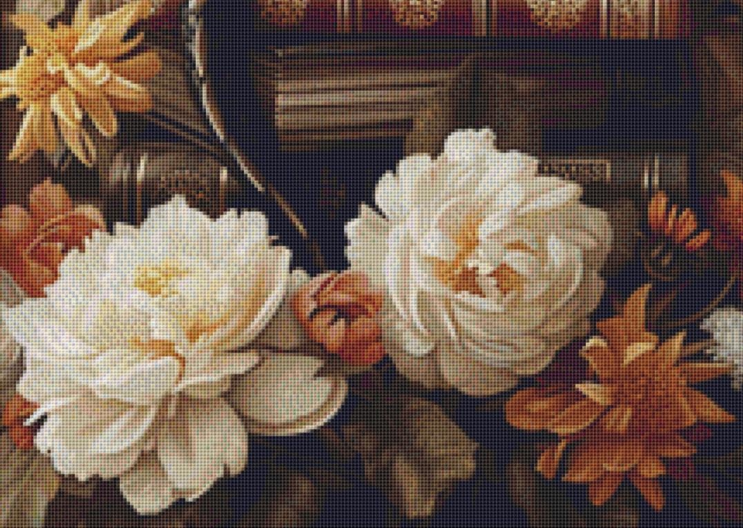 Atop the Vintage Book Pile counted cross stitch pattern by Serr.Kai A Quill & Ink