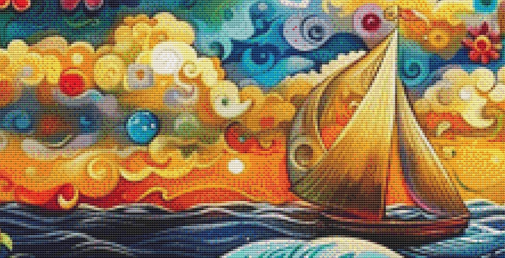 Sailing Beneath the Solar Eclipse (Max Color) counted cross stitch pattern by Eder Jose Rosa